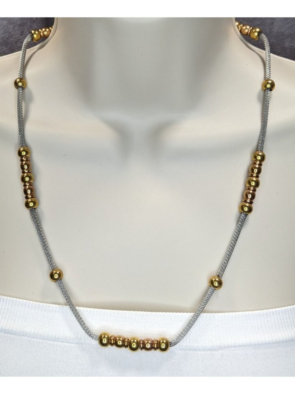 Beaded Station Mesh Chain Necklace Gold Silver Two Tone Modern Elegant Jewelry